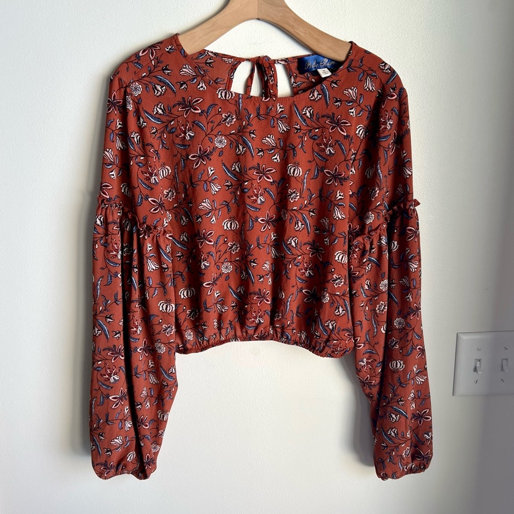 Blue Sky Cropped Floral Blouse with Ruffled Balloon Sleeves- Burnt Orange